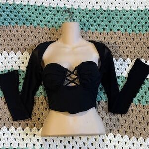 Black Sweetheart Neck Mesh Sleeve Bustier Corset Crop Cropped Top Womans sz XS
